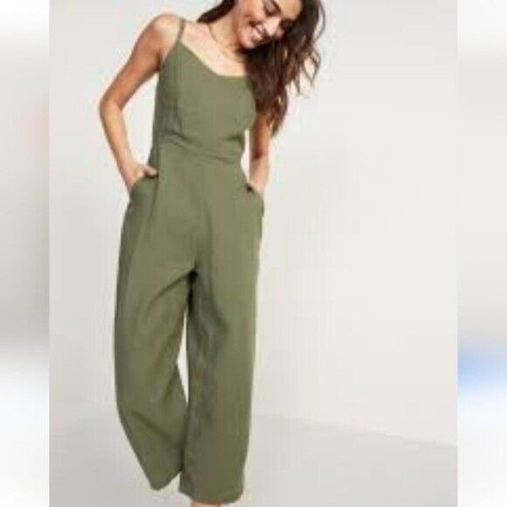 Old Navy Size L Linen Blend V-Neck Cami Jumpsuit Green Wide-Leg Lagenlook